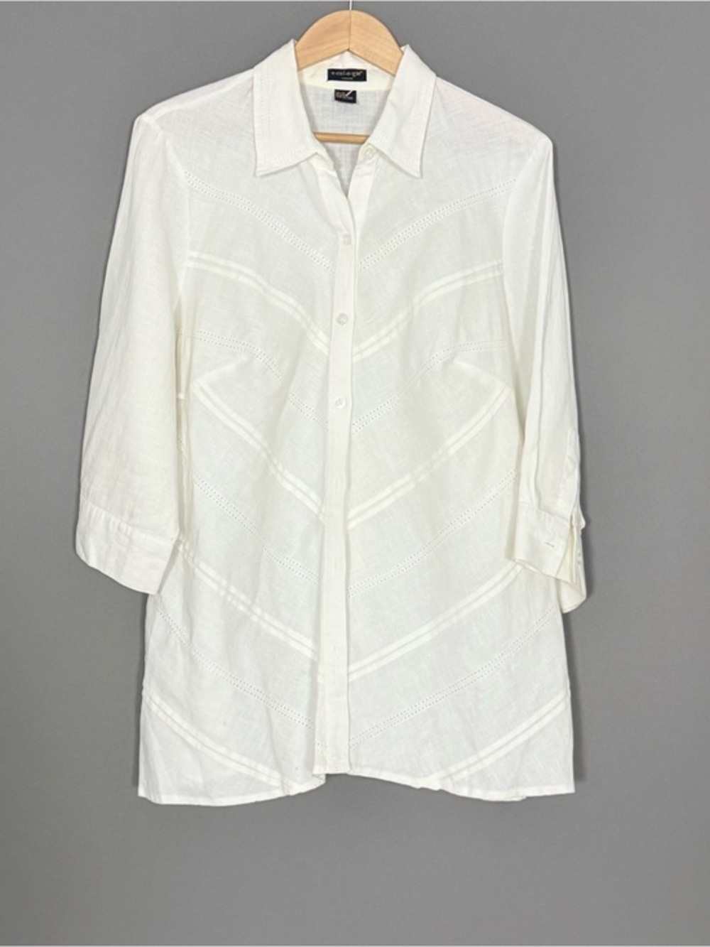 Ecologie 100% Linen Eyelet Pintuck Button Front Blouse Ivory 1X Boho Luxe